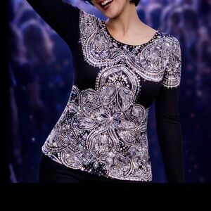 INC International Concepts Black & White Bedazzled Top w/ Sheer Black Sleeves